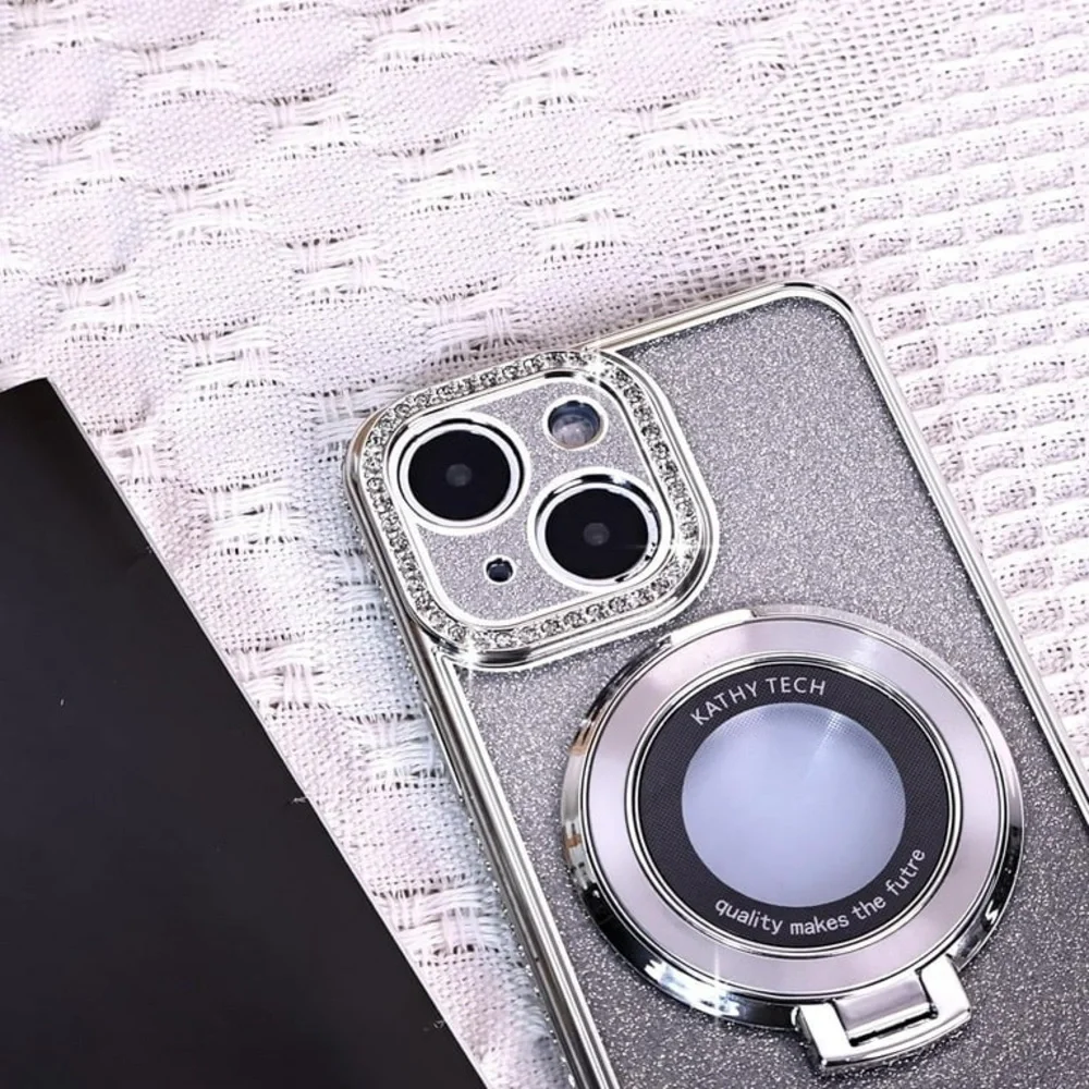 Silver Glitter iPhone 16 Plus Case with Ring Holder